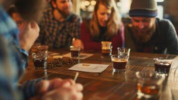 A group of friends eagerly comparing notes on their coffee tasting journey marveling at the unique taste profiles of each island brew photo