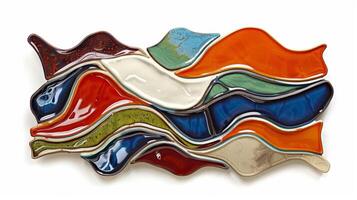 A wall hanging artwork made from layers of ceramic and resin showcasing a bold and colorful abstract design. photo