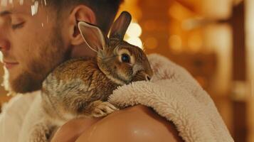 A rabbit perched on its owners shoulder as they sit in the sauna both enjoying the warmth. photo