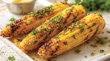 Juicy charred corn on the cob is slathered with butter and sprinkled with fresh herbs for a delicious side dish photo