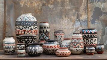 A collection of handpainted pottery adorned with intricate patterns inspired by Native American pottery techniques photo