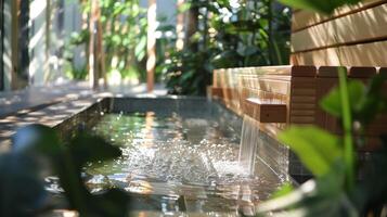 A relaxation area outside of the sauna where patients can cool down and hydrate before returning to the heat. photo