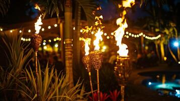 The flames of several tiki torches flicker in the background adding to the cozy and intimate atmosphere of the party. 2d flat cartoon photo