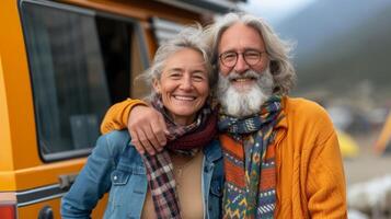 con sonrisas en su caras un retirado Pareja poses en frente de su vistoso caravana orgulloso a tener alcanzado esta punto en su vive dónde ellos lata explorar nuevo lugares un foto