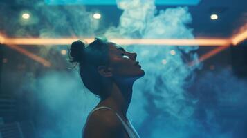 A person stepping out of a sauna and taking a deep refreshing breath of cool air feeling the positive effects of their cleansing and purifying session. photo