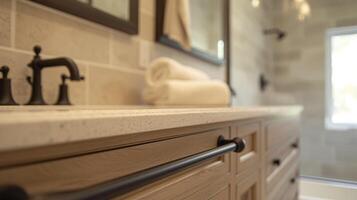 A contemporary bathroom with a neutral color palette and a floating vanity showcasing a unique black grab bar incorporated seamlessly into the shower design photo