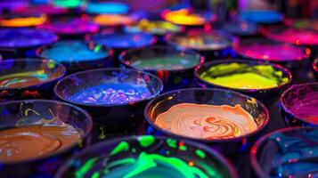 A table covered in bowls of neon paint ready for guests to create their own glowing masterpieces on canvas photo