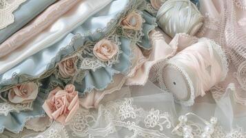 A serene and elegant sewing kit with soft velvety fabrics and intricate lace trims photo