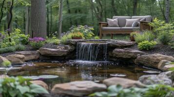 A peaceful corner of a garden accentuated with a secluded seating area nestled a towering trees blooming bushes and a tranquil pond with a soothing fountain feature photo