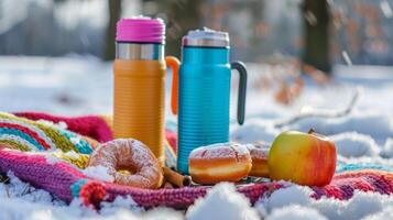A winter picnic in the park with colorful thermoses filled with ed chai tea and warm apple cinnamon donuts photo