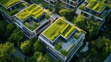 An aerial view of an ecofriendly retirement village showcasing a network of green rooftops covered in vegetation reducing heat absorption and promoting environmental sustainability photo
