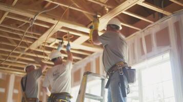 A team of electricians installing wiring in a new home with a ladder and tool belt visible in the background photo