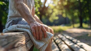 An individual using a towel as a barrier between their skin and the wooden bench as per etiquette guidelines. photo