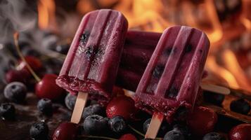 A contrast of bright summery pops of blueberry and cherry flavors against the backdrop of a crackling fire creates a cozy and delicious scene for enjoying these fireside fruit photo