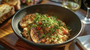 A traditional Brazilian dish called farofa graces the table made with crispy earthy manioc flour and a secret blend of es. The contrast between the charred toast and brigh photo