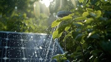 un imagen de un funciona con energía solar riego sistema en acción exhibiendo un Respetuoso del medio ambiente camino a mantener jardines hidratado sin debilitante energía foto