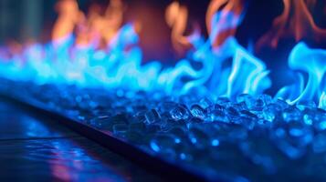 With the press of a button the fireplace ignites in a burst of blue flames that seem to dance and twist in an otherworldly manner. 2d flat cartoon photo