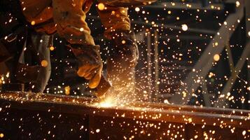 Sparks fly as welders expertly fuse steel beams together creating a strong framework for the buildings structure photo