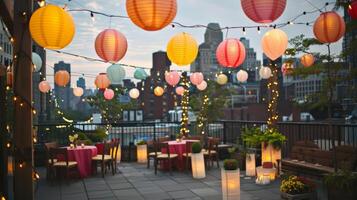 Colorful lanterns hung from the edges of the rooftop adding a festive and playful touch to the intimate setting. 2d flat cartoon photo