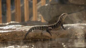 A lizard resting on a heated rock just outside of the sauna soaking up the warmth. photo