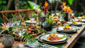 un mesa conjunto con un surtido de tropical platos todas hermosamente chapado y Listo a ser experto en por taller Participantes foto