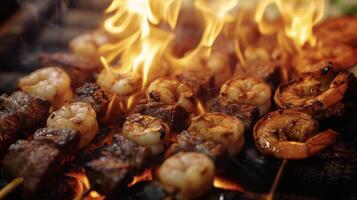 Flames lick at the edges of tender beef chicken and shrimp skewers creating a symphony of e as they cook to perfection photo