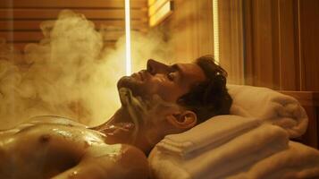 un hombre acostado cara abajo en un sauna banco con un toalla terminado su cabeza a ayuda directo el beneficioso vapor y calor hacia su respiratorio sistema. foto