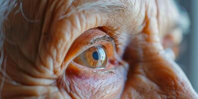 un de cerca de un mayor mujeres ojo como ella lee apagado un visión gráfico pruebas su visual agudeza con el ayuda de un optometrista foto