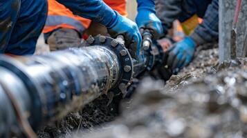 un de cerca Disparo de el trabajadores conectando individual piezas de tubo juntos con precisión y exactitud asegurando un sin costura fluir de agua o aguas residuales foto