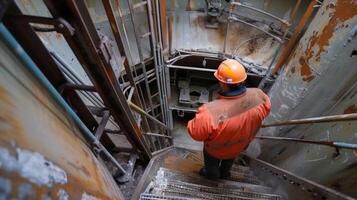 A worker navigating a narrow staircase inside the tower to reach the generator at the top photo