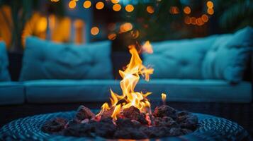 Warm flickering flames dancing in the center of a comfortable outdoor lounge. 2d flat cartoon photo