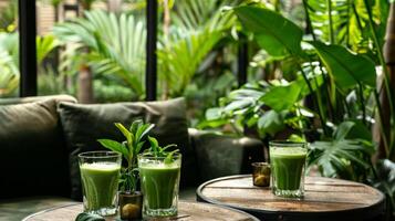 A cozy lounge area adorned with lush green plants where guests relax with glasses of freshly pressed green juice and ginger shots photo