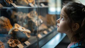 un joven niña mirando en temor a el antiguo fósiles en monitor durante un privado museo excursión foto