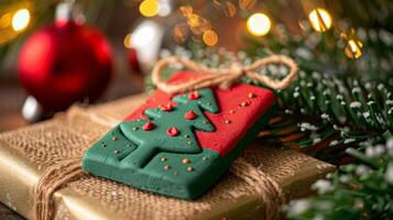 un festivo temática navideña arcilla regalo etiqueta con un festivo rojo y verde color esquema y un arpillera cuerda para adjuntando a un regalo. foto