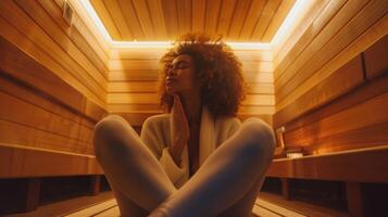 el pacífico expresión en de alguien cara como ellos sentar en un sauna un firmar de el aliviar el estrés beneficios ese lata facilitar migraña síntomas. foto