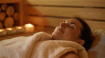A person laying down on a towel inside a sauna with a smile on their face and a look of calmness taking advantage of the saunas ability to reduce stress and promote a healthy heart. photo