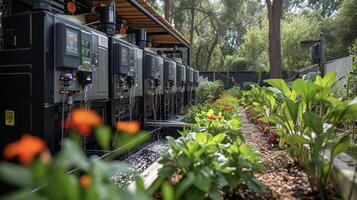 un demostración de un alta tecnología agua de lluvia cosecha sistema con un supervisión pantalla indicando el cantidad de agua recogido como bien como alertas para cuando el tanque es lleno un foto