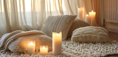 acogedor almohadas y un suave alfombra añadir a el atractivo sensación de el leyendo rincón calentado por el suave ligero de varios velas 2d plano dibujos animados foto