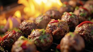 A traditional Turkish street food kofte served hot off the grill and sprinkled with a zesty red pepper seasoning. The vibrant colors of the meatballs and accompanying vegetable photo