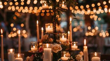 un mezcla de te ligero velas y afilado velas son desplegado en el multi nivel plataformas creando un visualmente sorprendentes habitación central para esta boho elegante Boda recepción. 2d plano dibujos animados foto