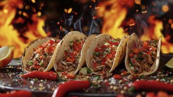 un banquete para el Sentidos crujiente tacos lleno con candente carne y coronado con un ardiente formación de pimientos y es conjunto en contra un fondo de flameante llamas son usted valiente suficiente foto