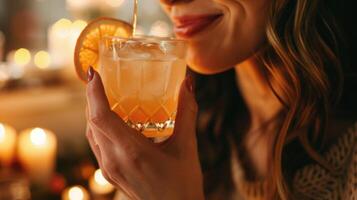 A woman savors a mocktail infused with aromatic bitters and citrus while closing her eyes and focusing on her breathing surrounded by the comforting glow of candles photo