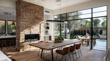 The rustic brick fireplace adds a touch of warmth and character to the otherwise minimalist dining space. 2d flat cartoon photo