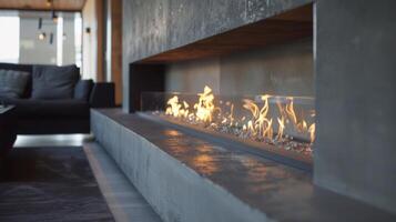 A linear concrete fireplace spans the length of one wall its smooth surface and angular design adding a touch of industrial minimalism to the space. The fire burns brightly 2d flat photo