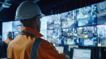 A group of project managers is gathered in a control room closely monitoring the data and footage from the sensors and cameras on the construction site photo