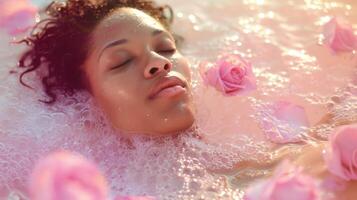un mujer remojo en un tina lleno con con aroma a rosas bañera sales su cara arrugando arriba en como ella inhala el calmante aroma foto