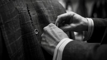The tailor pins the fabric of a suit jacket to a mans shoulders ensuring a perfect fit photo