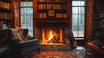 The warmth of the fireplace makes it the ideal spot to escape to on a chilly day and get lost in a good book. 2d flat cartoon photo