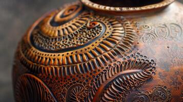 The intricate patterns and designs adorning a coilbuilt vase showing the potters mastery of the technique. photo