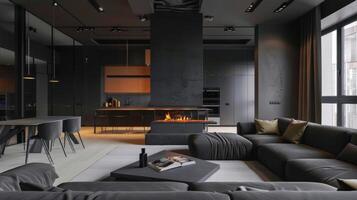 A minimalist fireplace design adds drama and warmth to the sleek industrial loft space. 2d flat cartoon photo